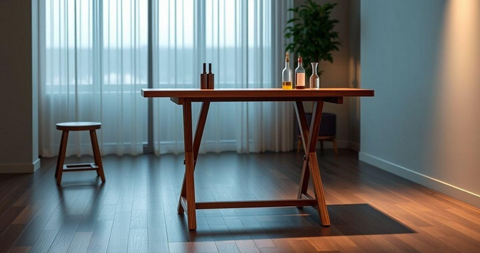 Mesa de bar dobrável de madeira é a solução perfeita para otimizar espaços e agregar estilo ao seu ambiente Mesa de bar dobrável de madeira é a solução perfeita para otimizar espaços e agregar estilo ao seu ambiente